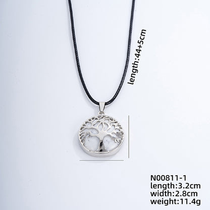 Ig Style Simple Style Round Tree Stainless Steel Natural Stone Leather Rope Inlay Natural Stone Pendant Necklace