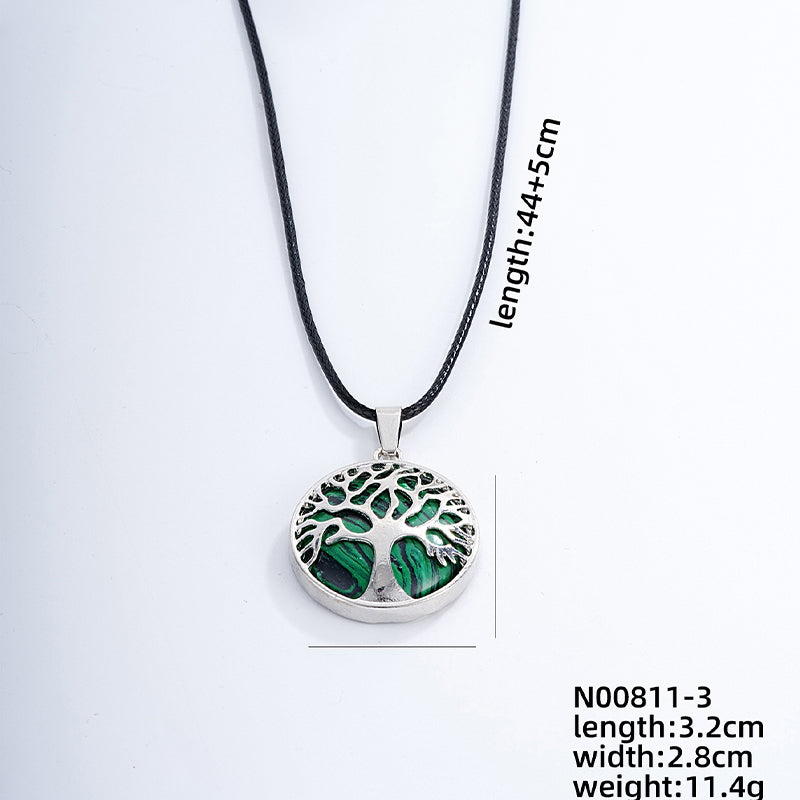 Ig Style Simple Style Round Tree Stainless Steel Natural Stone Leather Rope Inlay Natural Stone Pendant Necklace