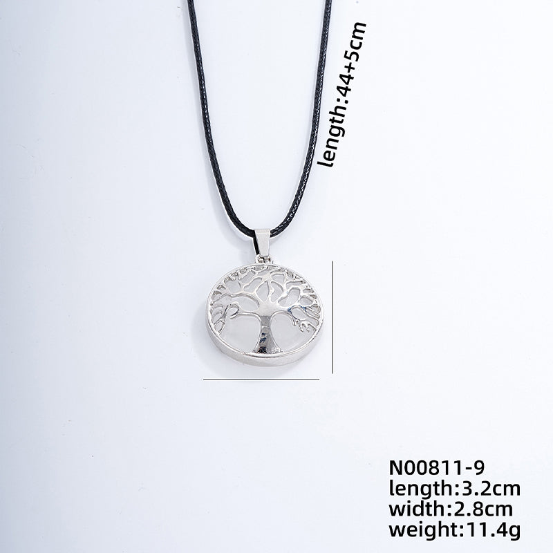 Ig Style Simple Style Round Tree Stainless Steel Natural Stone Leather Rope Inlay Natural Stone Pendant Necklace