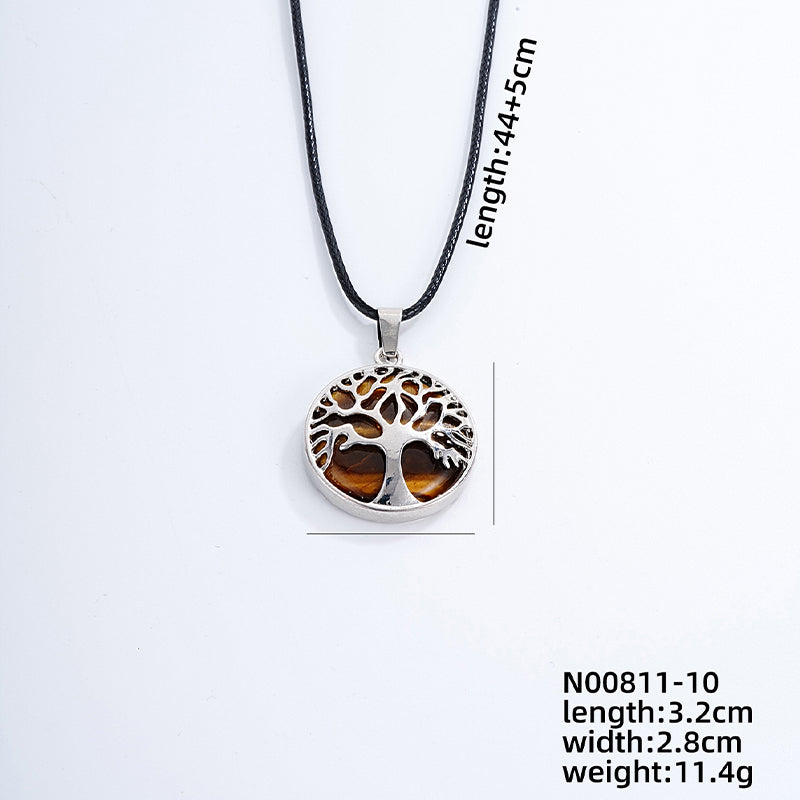 Ig Style Simple Style Round Tree Stainless Steel Natural Stone Leather Rope Inlay Natural Stone Pendant Necklace