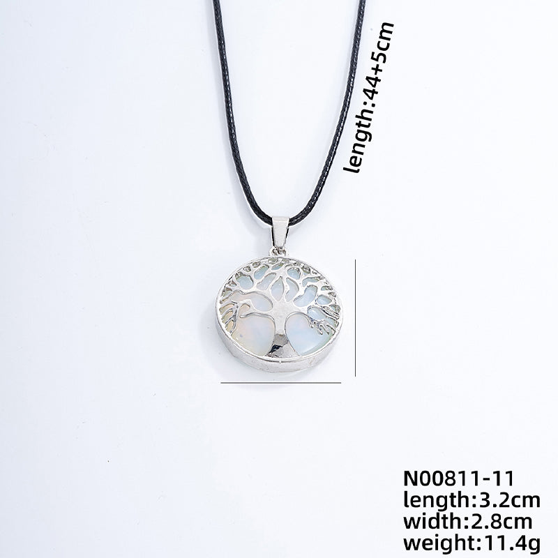 Ig Style Simple Style Round Tree Stainless Steel Natural Stone Leather Rope Inlay Natural Stone Pendant Necklace