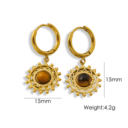 Vintage Style British Style Round Stainless Steel Titanium Steel Plating Inlay Natural Stone Gold Plated Earrings Necklace