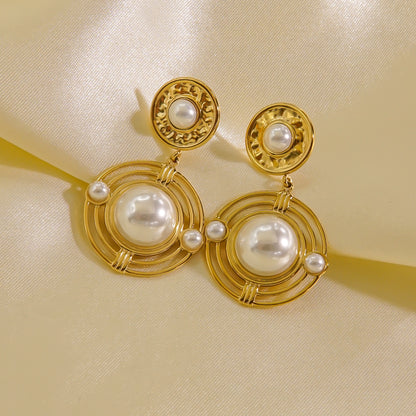 1 Pair Elegant Round Plating Inlay Stainless Steel Titanium Steel Artificial Pearls 14k Gold Plated Drop Earrings