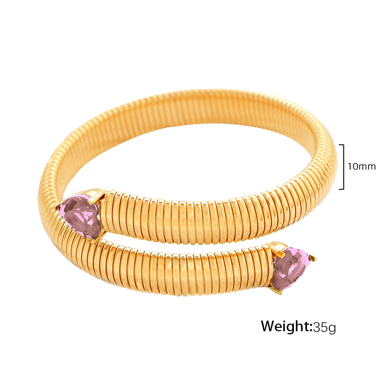 Retro Punk Heart Shape Titanium Steel Asymmetrical Plating Inlay Zircon 18k Gold Plated Bangle