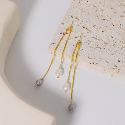 1 Pair Elegant Simple Style Geometric Tassel Freshwater Pearl 18k Gold Plated Drop Earrings