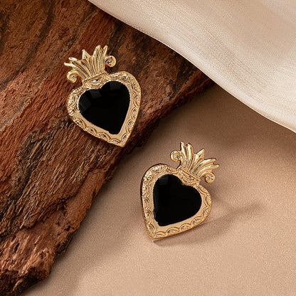 1 Pair Vintage Style Heart Shape Crown Enamel Plating Alloy 14k Gold Plated Ear Studs