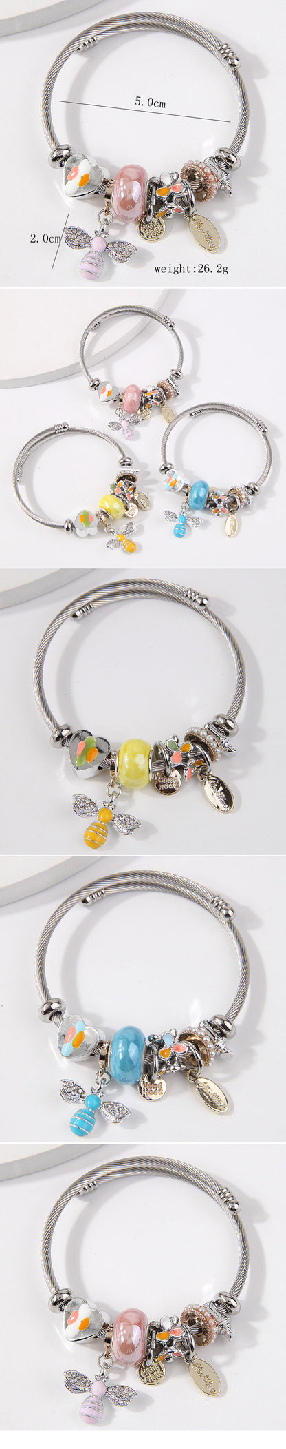 Simple Style Heart Shape Bee Stainless Steel Alloy Beaded Enamel Inlay Artificial Pearls Rhinestones Bangle