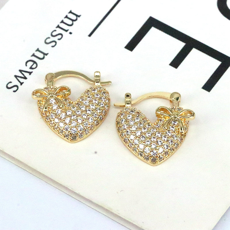 1 Pair Simple Style Shiny Heart Shape Plating Inlay Copper Artificial Rhinestones Zircon 18k Gold Plated Hoop Earrings