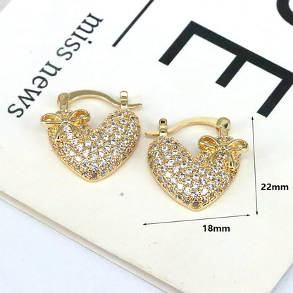 1 Pair Simple Style Shiny Heart Shape Plating Inlay Copper Artificial Rhinestones Zircon 18k Gold Plated Hoop Earrings