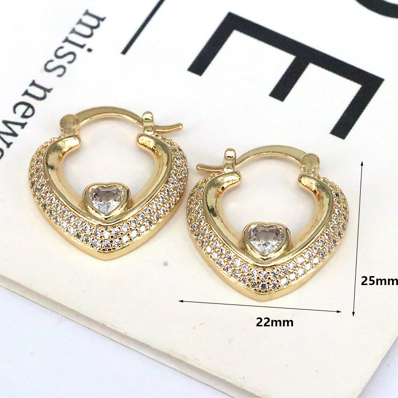 1 Pair Simple Style Shiny Heart Shape Plating Inlay Copper Artificial Rhinestones Zircon 18k Gold Plated Hoop Earrings