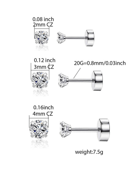 3 Pairs Simple Style Solid Color Plating Inlay Stainless Steel Zircon 14k Gold Plated Ear Studs