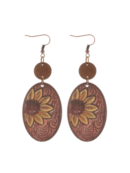 1 Pair Vintage Style Ethnic Style Cactus Sunflower Sun Printing Wood Drop Earrings