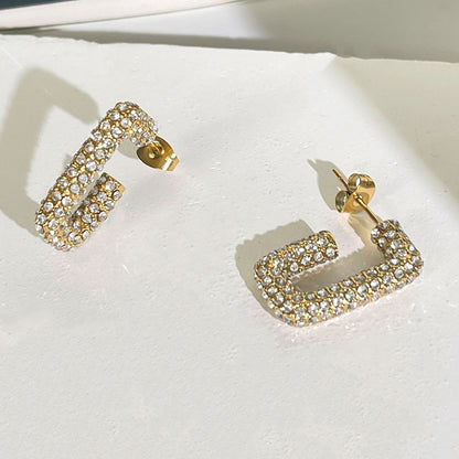 Simple Style Shiny Square Stainless Steel Plating Inlay Rhinestones 18k Gold Plated Ear Studs