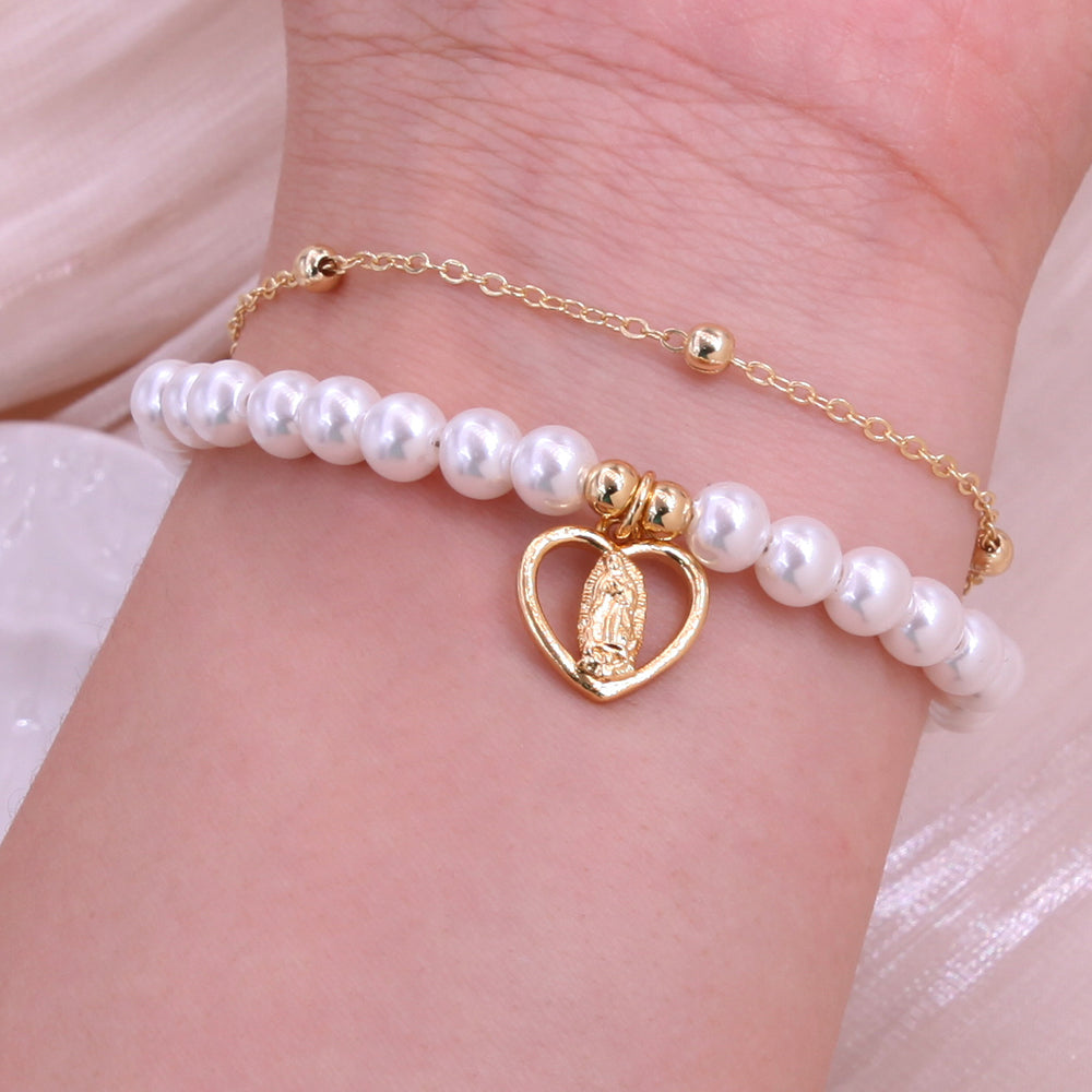 Ig Style Elegant Portrait 18k Gold Plated Zircon Imitation Pearl Rope Copper Wholesale Bracelets