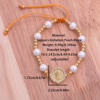 Ig Style Elegant Portrait 18k Gold Plated Zircon Imitation Pearl Rope Copper Wholesale Bracelets