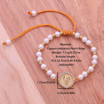 Ig Style Elegant Portrait 18k Gold Plated Zircon Imitation Pearl Rope Copper Wholesale Bracelets