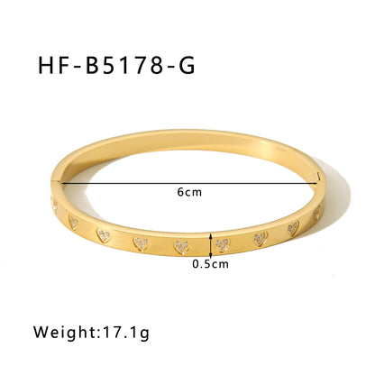 Elegant Simple Style Heart Shape Stainless Steel Plating Inlay Zircon 18k Gold Plated White Gold Plated Bangle