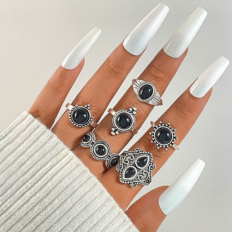 Fashion Vintage Carved Sun Feather Cross Black Gem Ring 11 Piece Set Set