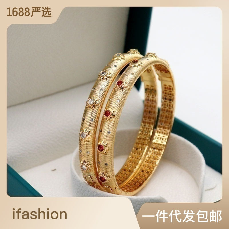 Retro Round Copper Plating Inlay Artificial Gemstones Bangle