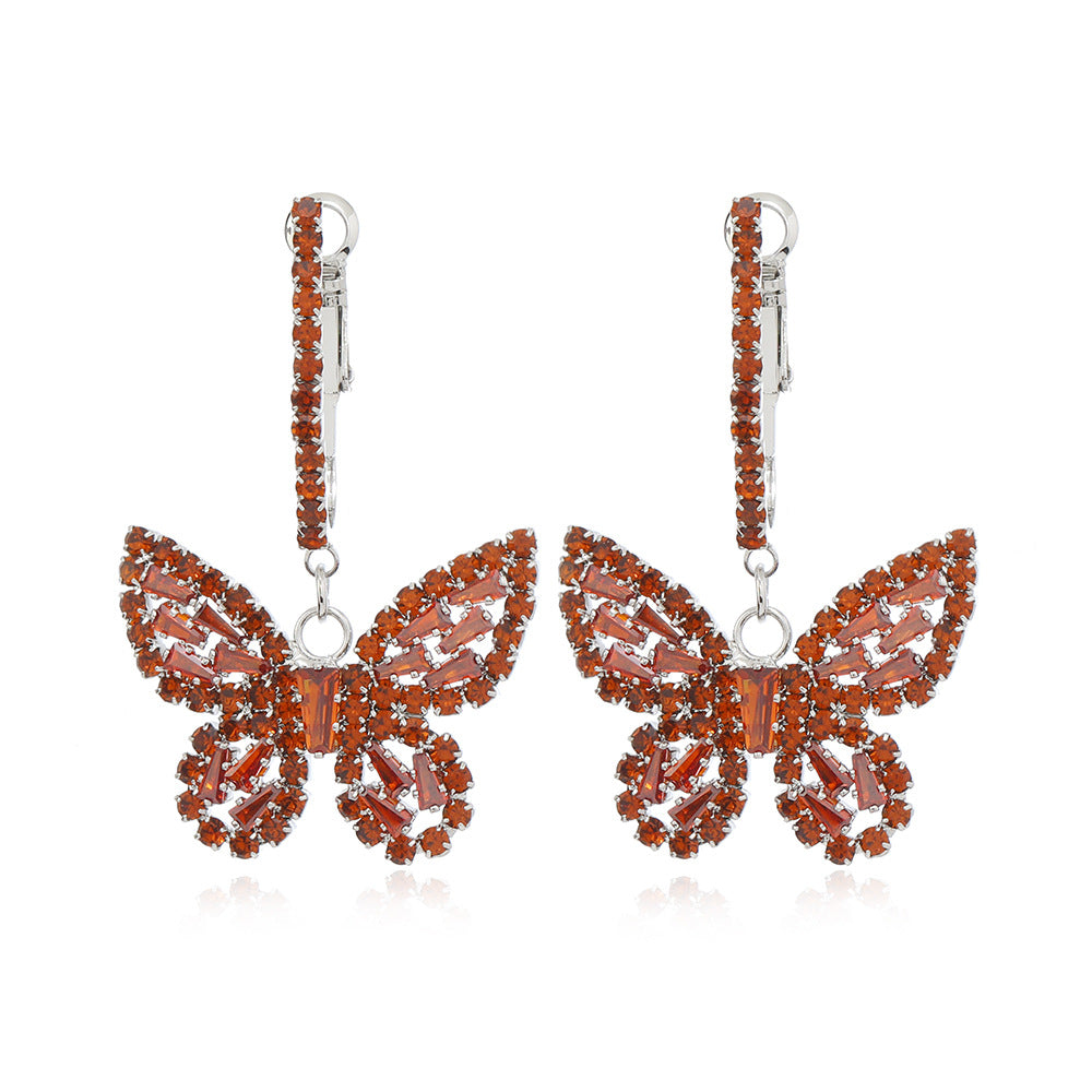 1 Pair Lady Butterfly Metal Inlay Rhinestones Zircon Women's Drop Earrings