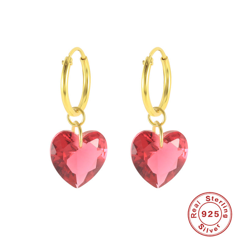 S925 Sterling Silver Fashion Creative Colorful Heart-shaped Crystal Eardrops Earrings