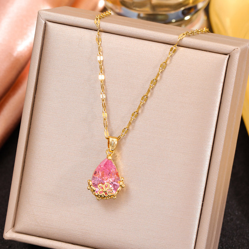 Ig Style Sweet Water Droplets Copper Inlay Zircon Pendant Necklace