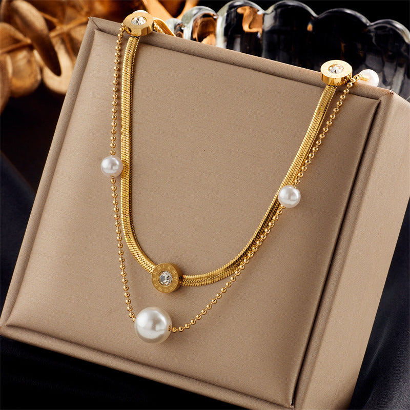 Ig Style Simple Style Geometric Titanium Steel Plating Inlay Artificial Pearls Rhinestones Shell Necklace