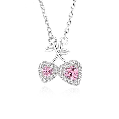 Ig Style Sweet Cherry Heart Shape Sterling Silver Polishing Plating Inlay Zircon Pendant Necklace