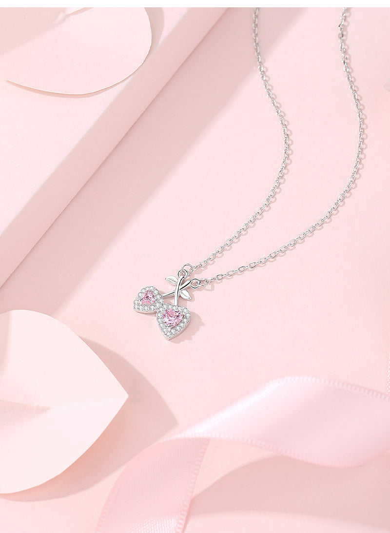 Ig Style Sweet Cherry Heart Shape Sterling Silver Polishing Plating Inlay Zircon Pendant Necklace