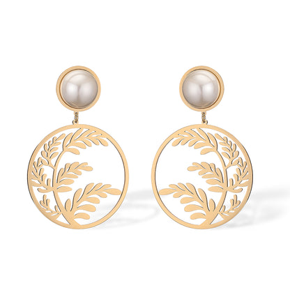 1 Pair Simple Style Commute Leaves Plating Inlay Titanium Steel Pearl 18k Gold Plated Drop Earrings