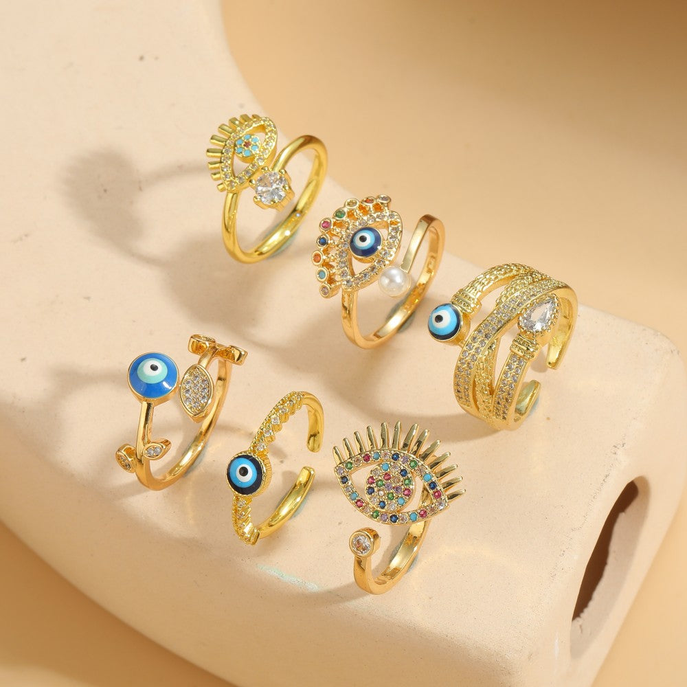 Ig Style Simple Style Devil's Eye Copper Enamel Plating Inlay Zircon 14k Gold Plated Open Rings