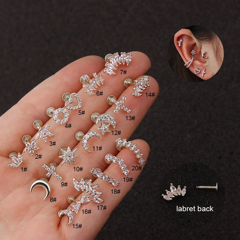 Fashion Crown Flower Stainless Steel Copper Inlay Zircon Lip Stud 1 Piece