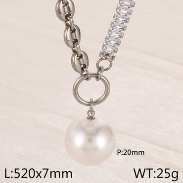 Ig Style Simple Style Round Imitation Pearl Titanium Steel Plating Inlay Zircon Gold Plated Pendant Necklace