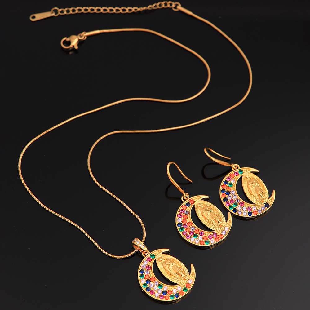 Retro Classic Style Human Moon Stainless Steel Copper Plating Inlay Zircon 18k Gold Plated Jewelry Set