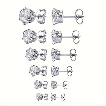 6 Pairs Simple Style Shiny Round Inlay Stainless Steel Diamond Ear Studs