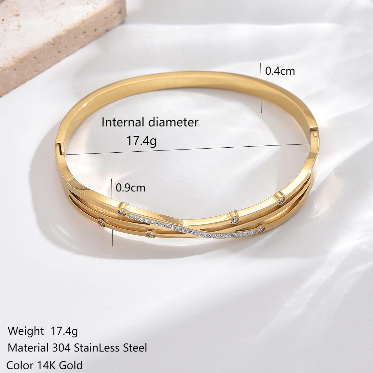 Elegant Simple Style Irregular Twist Stainless Steel Asymmetrical Plating Hollow Out Zircon 14k Gold Plated Bangle