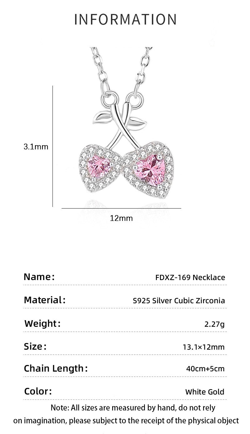 Ig Style Sweet Cherry Heart Shape Sterling Silver Polishing Plating Inlay Zircon Pendant Necklace