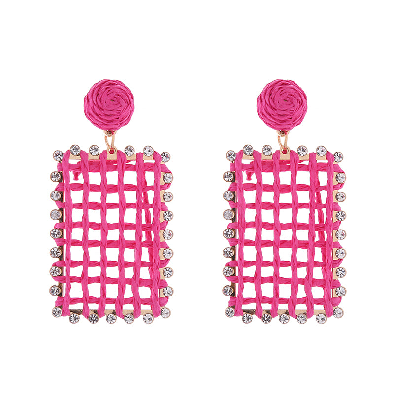 1 Pair Bohemian Rectangle Inlay Alloy Raffia Rhinestones Drop Earrings