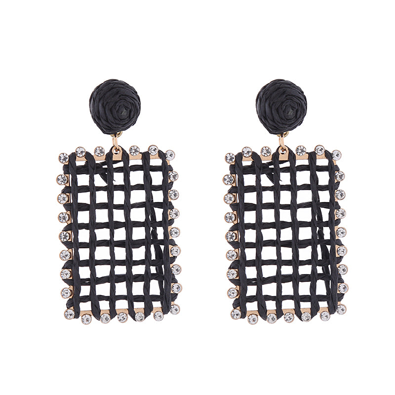 1 Pair Bohemian Rectangle Inlay Alloy Raffia Rhinestones Drop Earrings