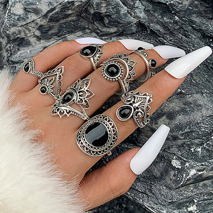 Fashion Vintage Carved Sun Feather Cross Black Gem Ring 11 Piece Set Set