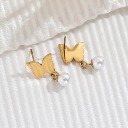 1 Pair Simple Style Classic Style Round Butterfly Plating Inlay Stainless Steel Artificial Pearls 14k Gold Plated Drop Earrings