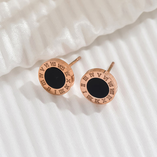 1 Pair Elegant Classic Style Roman Style Round Roman Numeral Polishing Plating Inlay Stainless Steel Acrylic Rose Gold Plated Ear Studs