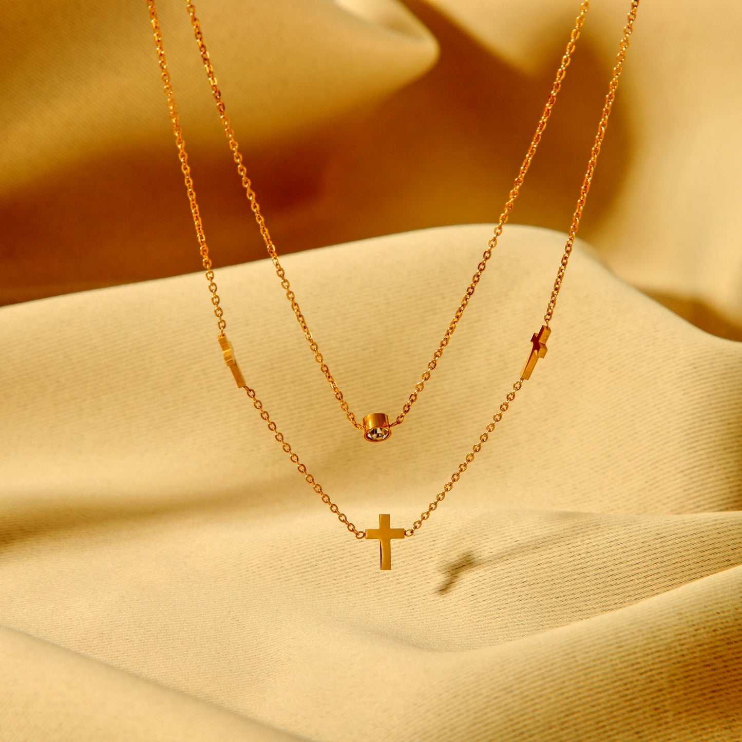 Simple Style Cross Stainless Steel Zircon 18k Gold Plated Double Layer Necklaces