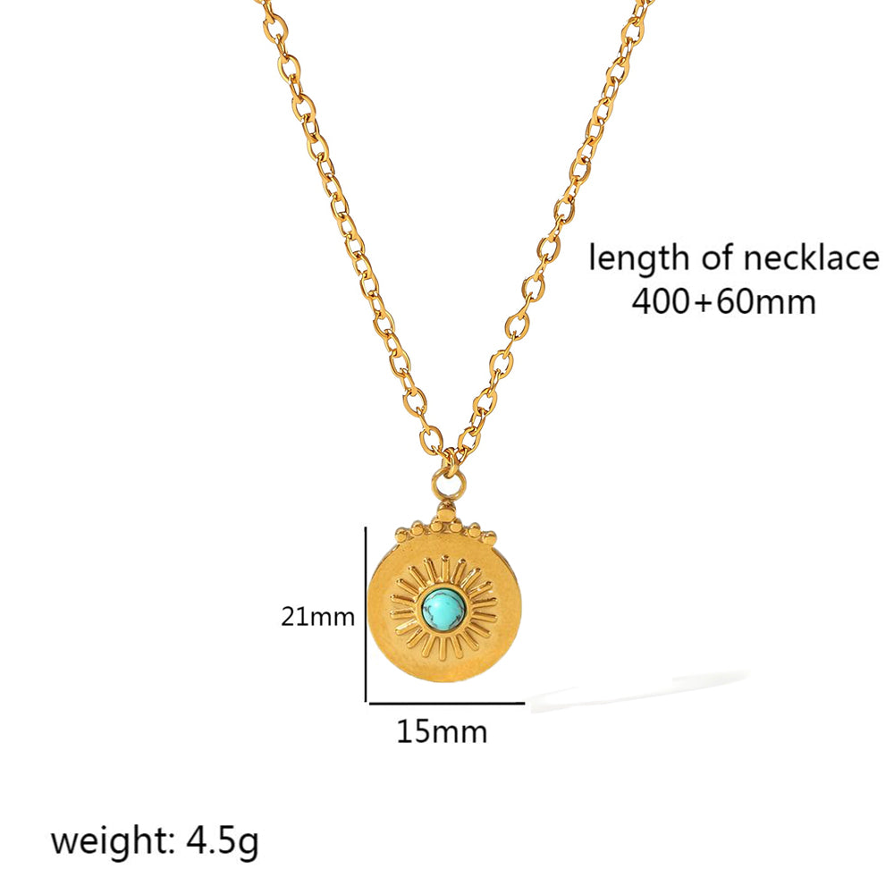 Wholesale Vintage Style Circle Devil's Eye Stainless Steel Polishing Plating Inlay 18k Gold Plated Natural Stone Pendant Necklace