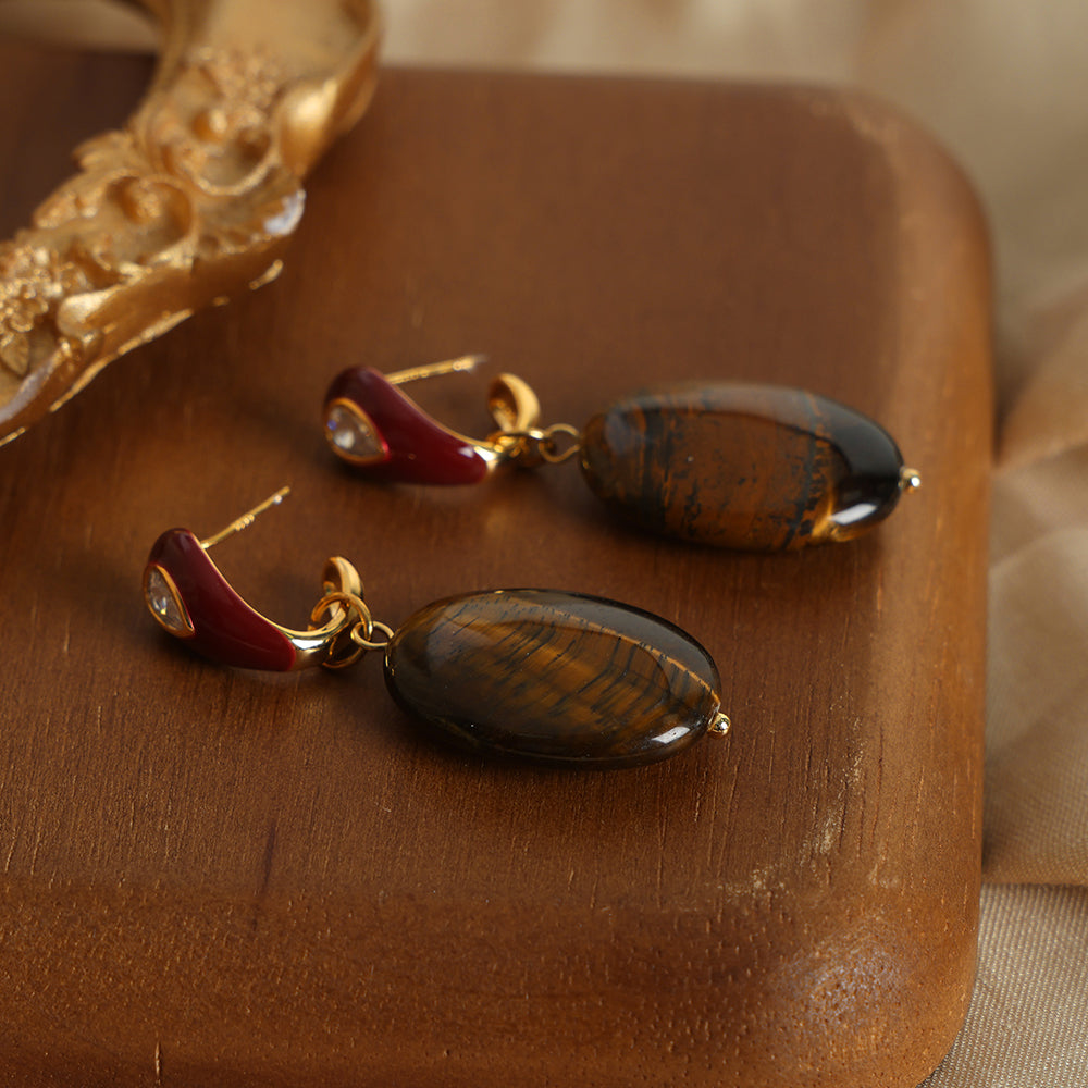 1 Pair Elegant Vintage Style Geometric Enamel Plating Inlay Tiger Eye Copper Zircon 18k Gold Plated Drop Earrings