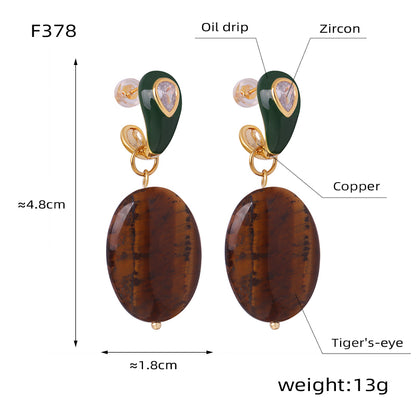 1 Pair Elegant Vintage Style Geometric Enamel Plating Inlay Tiger Eye Copper Zircon 18k Gold Plated Drop Earrings