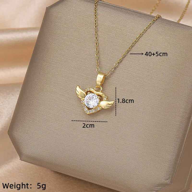 Ig Style Simple Style Heart Shape Wings Lock Titanium Steel Copper Plating Inlay Zircon Gold Plated Pendant Necklace