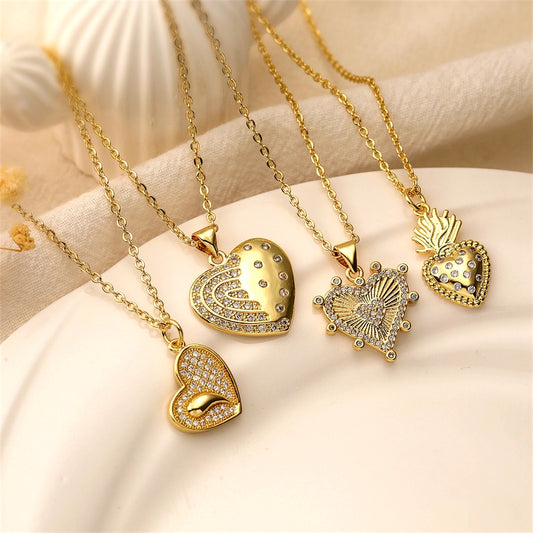 Ig Style Simple Style Heart Shape Copper Plating Inlay Zircon Gold Plated Pendant Necklace