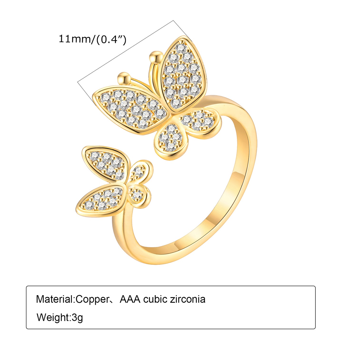 Ig Style Shiny Butterfly Copper Zircon 18k Gold Plated Open Rings