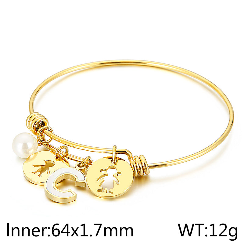 Simple Style Human Letter Titanium Steel Pearl Hollow Out Inlay Shell Bangle